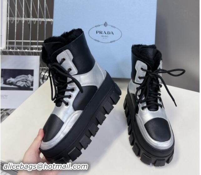 Purchase Prada Puffer Leather and Wool Platform Laced up Ankle Boots 4.5cm Black/Silver 115045