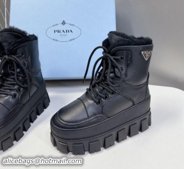 Charming Prada Puffer Leather and Wool Platform Laced up Ankle Boots 4.5cm Black 115046