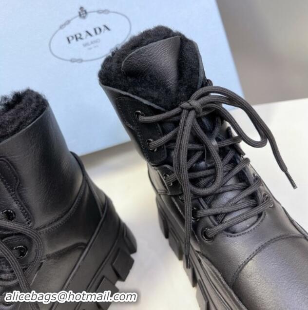 Charming Prada Puffer Leather and Wool Platform Laced up Ankle Boots 4.5cm Black 115046