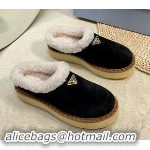 Low Price Prada Suede and Wool Platform Mules Black 115049