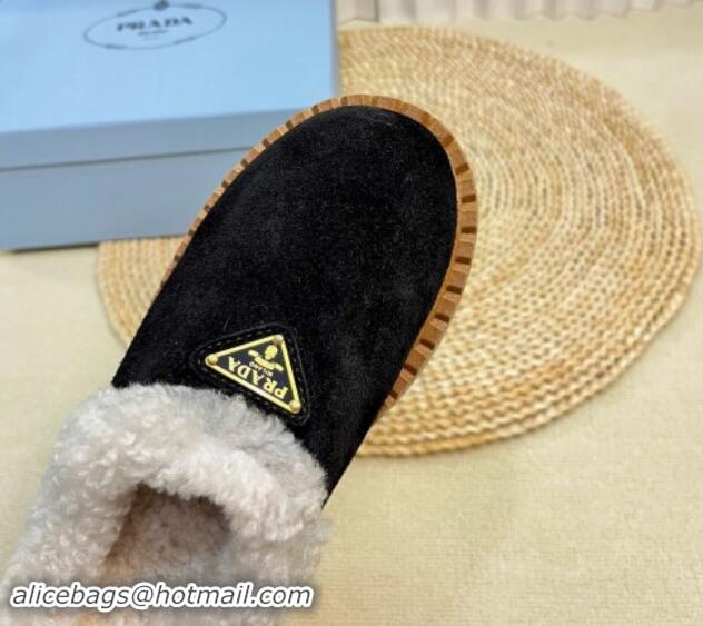 Low Price Prada Suede and Wool Platform Mules Black 115049