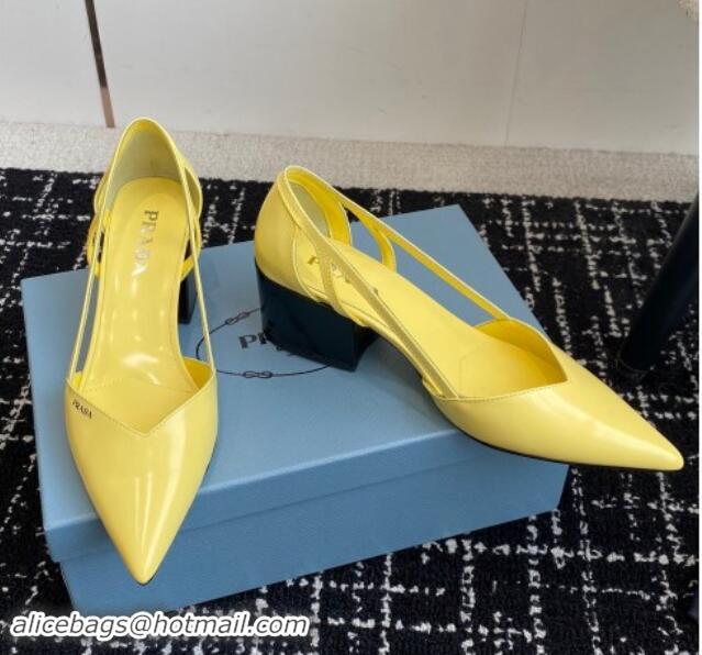 Stylish Prada Brushed leather cut-out pumps 6.5cm Yellow 115076