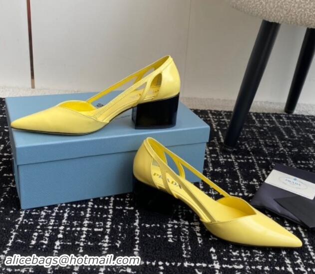 Stylish Prada Brushed leather cut-out pumps 6.5cm Yellow 115076