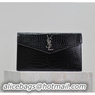 Famous Brand Saint Laurent Uptown Pouch in Crocodile Embossed Shiny Leather 565739 Black/Silver 2024