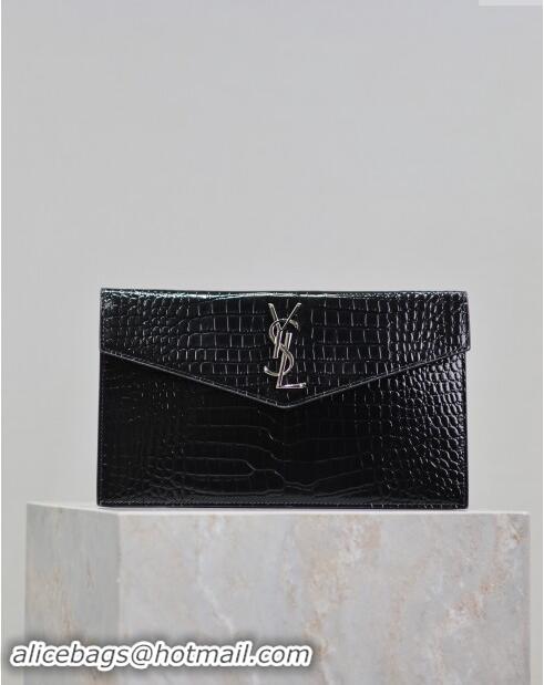 Famous Brand Saint Laurent Uptown Pouch in Crocodile Embossed Shiny Leather 565739 Black/Silver 2024