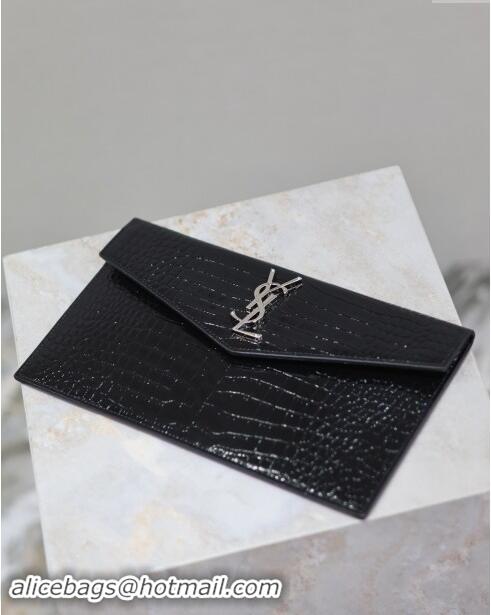 Famous Brand Saint Laurent Uptown Pouch in Crocodile Embossed Shiny Leather 565739 Black/Silver 2024