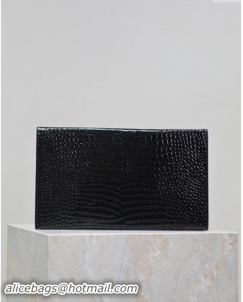 Famous Brand Saint Laurent Uptown Pouch in Crocodile Embossed Shiny Leather 565739 Black/Silver 2024