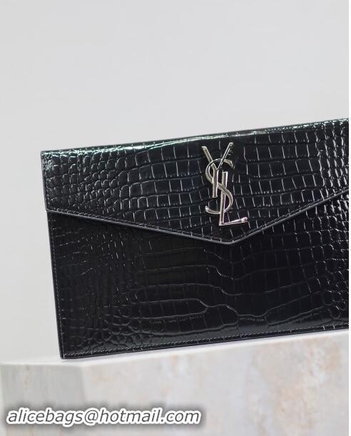 Famous Brand Saint Laurent Uptown Pouch in Crocodile Embossed Shiny Leather 565739 Black/Silver 2024