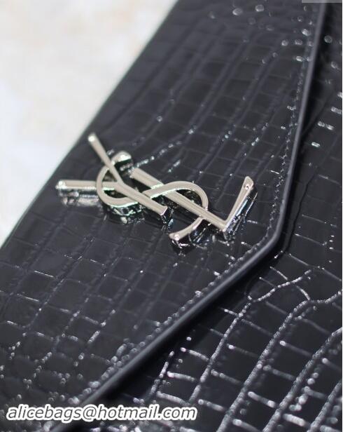 Famous Brand Saint Laurent Uptown Pouch in Crocodile Embossed Shiny Leather 565739 Black/Silver 2024