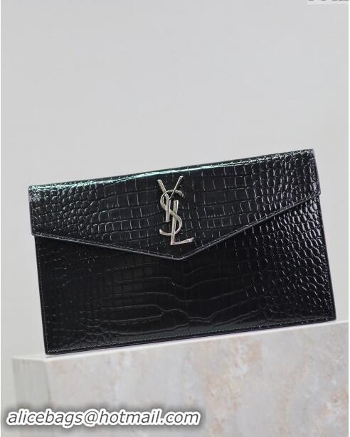 Famous Brand Saint Laurent Uptown Pouch in Crocodile Embossed Shiny Leather 565739 Black/Silver 2024