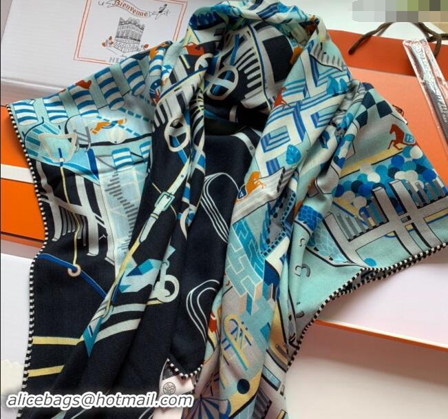 Inexpensive Hermes Horse Racing Club Cashmere & Silk Sqaure Shawl Scarf 140cm 0130 Blue 2024