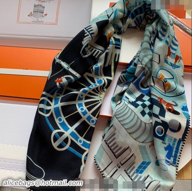 Inexpensive Hermes Horse Racing Club Cashmere & Silk Sqaure Shawl Scarf 140cm 0130 Blue 2024