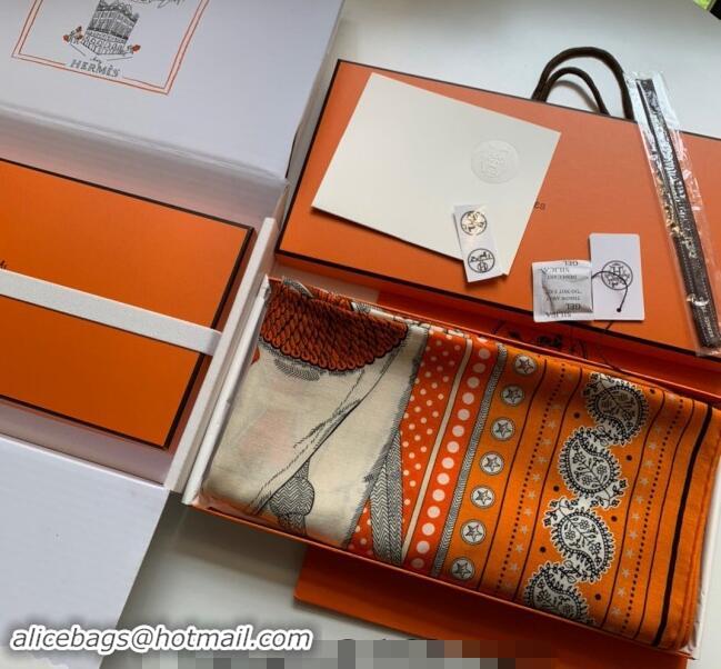 Free Shipping Hermes Zouaves et Dragons Bandana Cashmere & Silk Sqaure Shawl Scarf 140cm 0130 Orange 2024