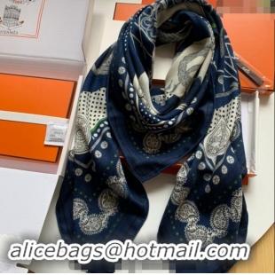 Well Crafted Hermes Zouaves et Dragons Bandana Cashmere & Silk Sqaure Shawl Scarf 140cm 0130 Navy Blue 2024