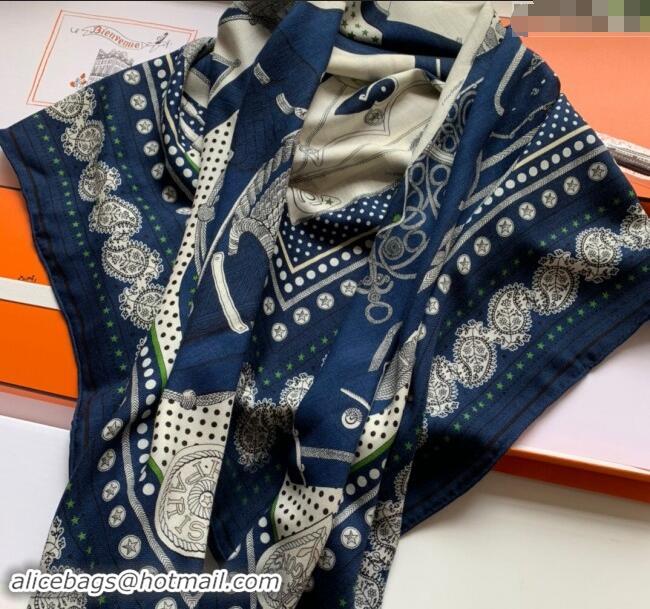 Well Crafted Hermes Zouaves et Dragons Bandana Cashmere & Silk Sqaure Shawl Scarf 140cm 0130 Navy Blue 2024