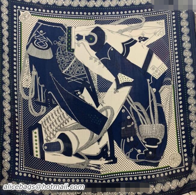 Well Crafted Hermes Zouaves et Dragons Bandana Cashmere & Silk Sqaure Shawl Scarf 140cm 0130 Navy Blue 2024