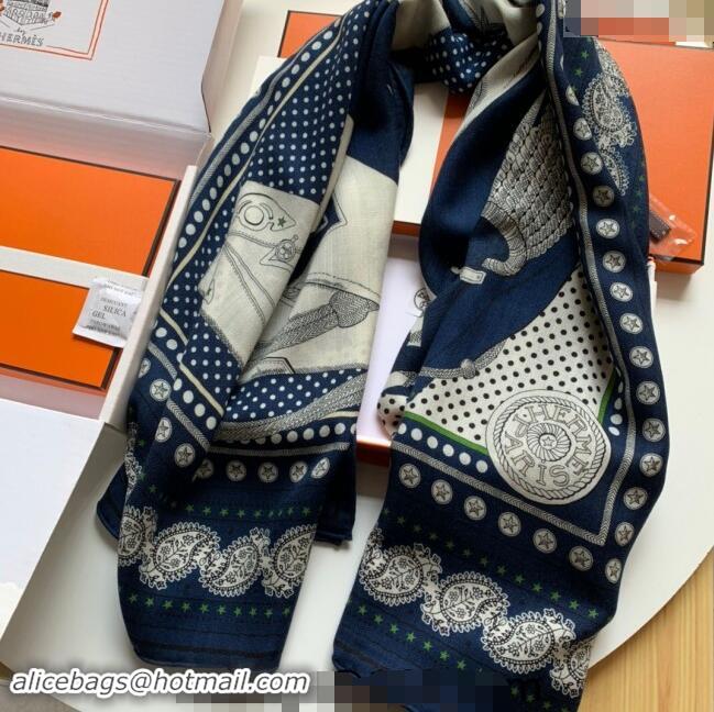 Well Crafted Hermes Zouaves et Dragons Bandana Cashmere & Silk Sqaure Shawl Scarf 140cm 0130 Navy Blue 2024