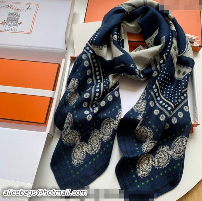 Well Crafted Hermes Zouaves et Dragons Bandana Cashmere & Silk Sqaure Shawl Scarf 140cm 0130 Navy Blue 2024