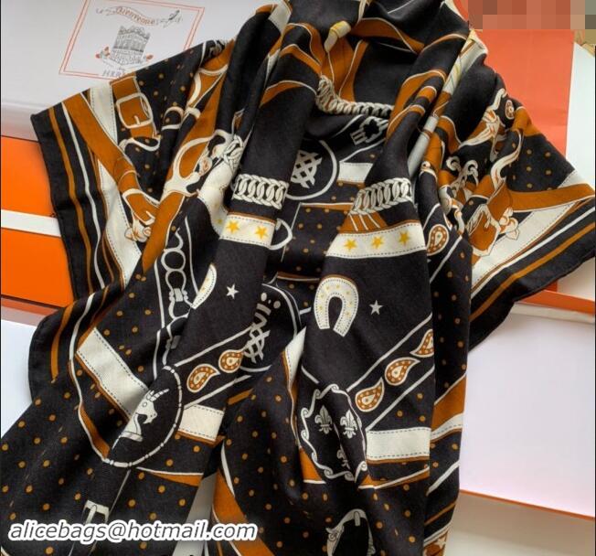 Luxury Cheap Hermes La Promenade Cashmere & Silk Sqaure Shawl Scarf 140cm 0130 Black 2024