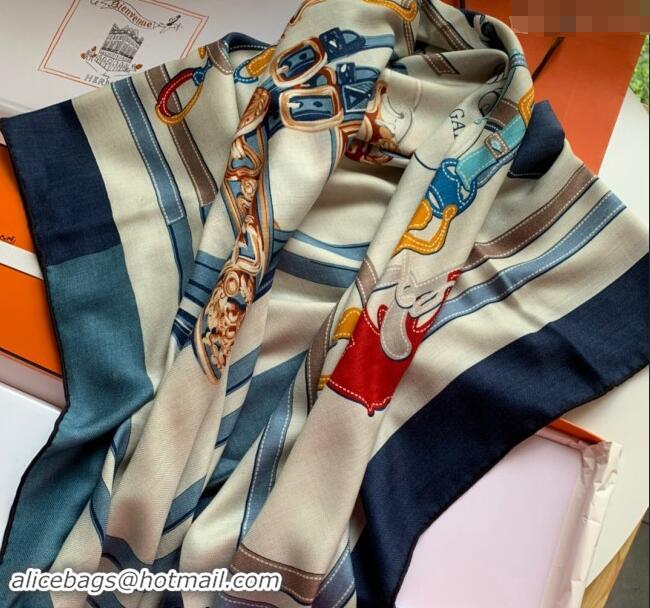 Best Price Hermes Brides de Gala Applique Cashmere & Silk Sqaure Shawl Scarf 140cm 0130 Denim Blue 2024