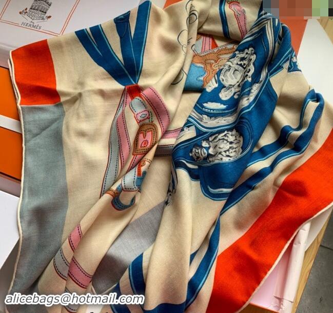 New Design Hermes Cashmere & Silk Sqaure Shawl Scarf 140cm 0130 Orange/Blue 2024