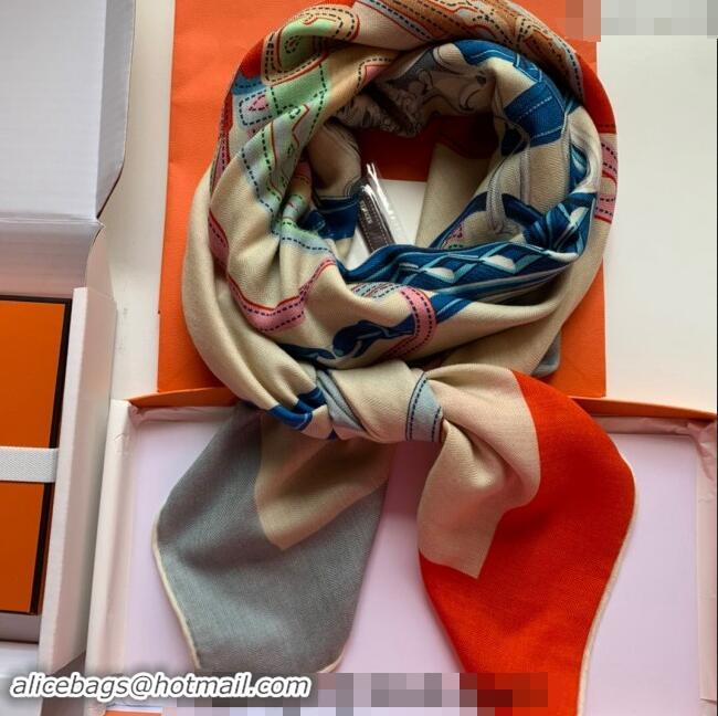 New Design Hermes Cashmere & Silk Sqaure Shawl Scarf 140cm 0130 Orange/Blue 2024