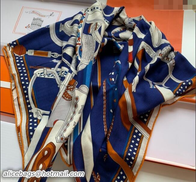 Pretty Style Hermes Stirrup Cashmere & Silk Sqaure Shawl Scarf 140cm 0130 Blue 2024