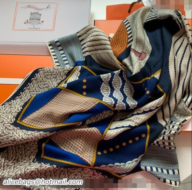 Well Crafted Hermes Dressage Tressage Cashmere & Silk Sqaure Shawl Scarf 140cm 0130 Blue 2024