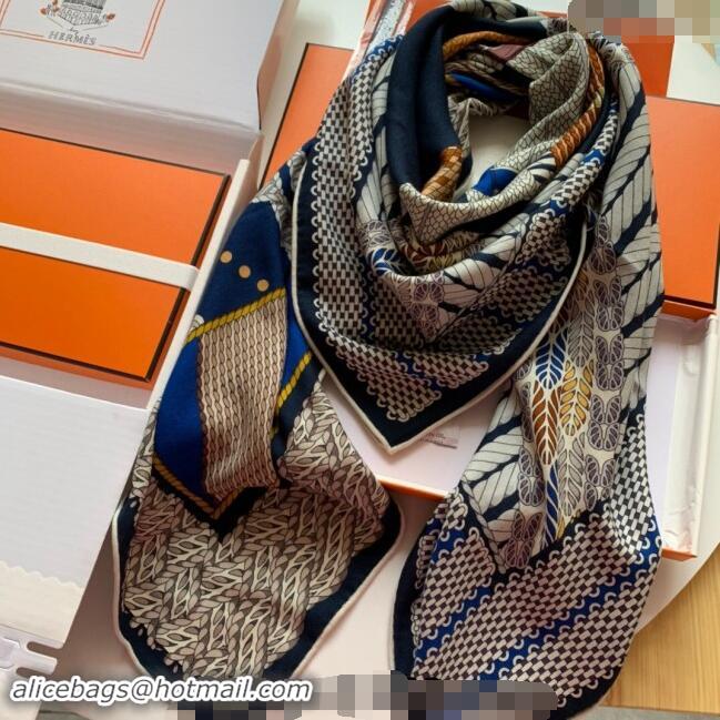 Well Crafted Hermes Dressage Tressage Cashmere & Silk Sqaure Shawl Scarf 140cm 0130 Blue 2024