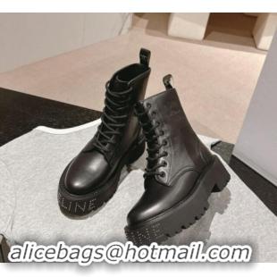 Unique Style Celine Calfskin Platform Lace-up Ankle Boots 5cm with Silver Studs Black 1011123