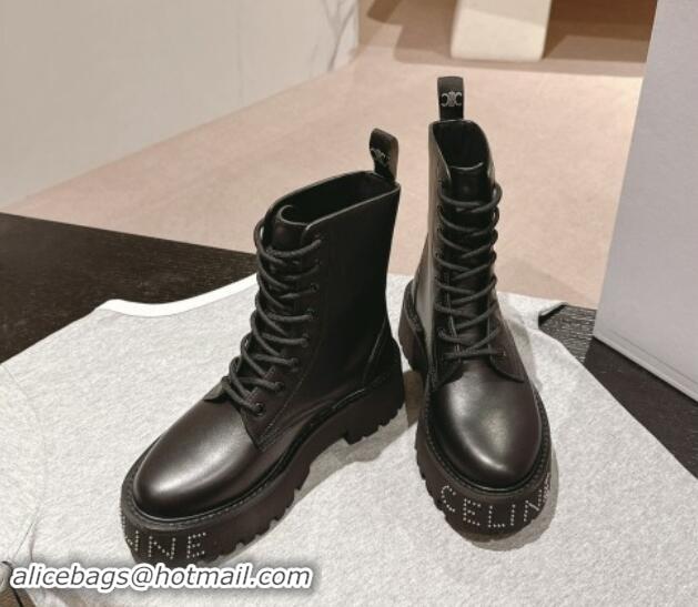 Unique Style Celine Calfskin Platform Lace-up Ankle Boots 5cm with Silver Studs Black 1011123