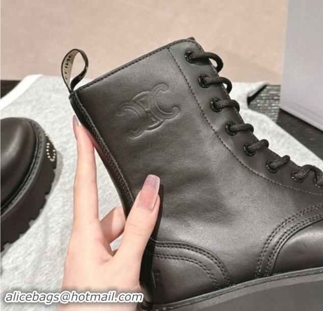 Unique Style Celine Calfskin Platform Lace-up Ankle Boots 5cm with Silver Studs Black 1011123