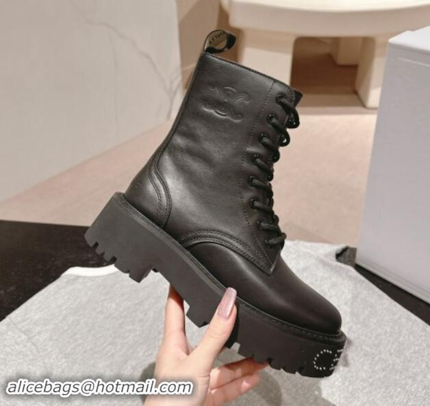 Unique Style Celine Calfskin Platform Lace-up Ankle Boots 5cm with Silver Studs Black 1011123