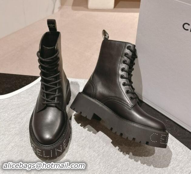 Unique Style Celine Calfskin Platform Lace-up Ankle Boots 5cm with Silver Studs Black 1011123