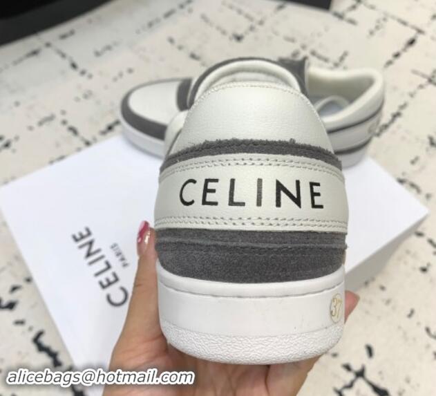 Shop Duplicate Celine Trainer Low Lace-up Sneakers in Calfskin and Suede Dark Grey 1011126 