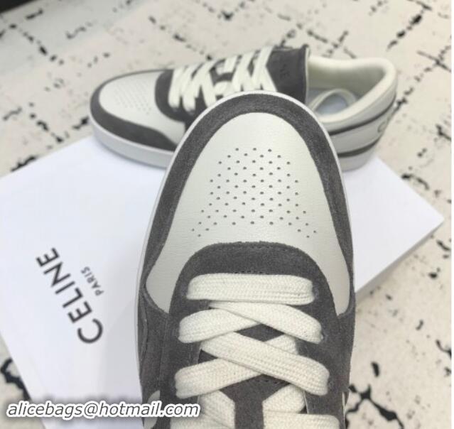 Shop Duplicate Celine Trainer Low Lace-up Sneakers in Calfskin and Suede Dark Grey 1011126 