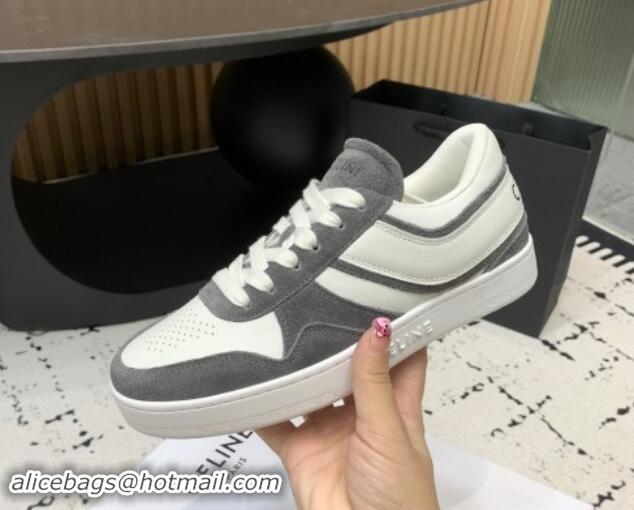 Shop Duplicate Celine Trainer Low Lace-up Sneakers in Calfskin and Suede Dark Grey 1011126 