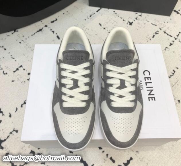 Shop Duplicate Celine Trainer Low Lace-up Sneakers in Calfskin and Suede Dark Grey 1011126 