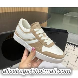 Popular Style Celine Trainer Low Lace-up Sneakers in Calfskin and Suede Light Brown 1011127