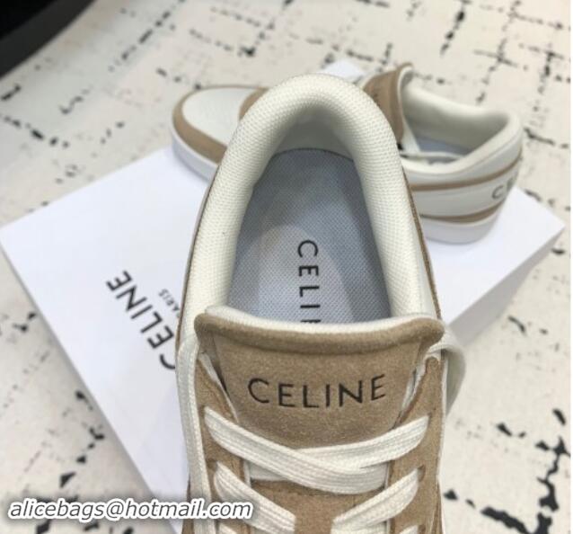 Popular Style Celine Trainer Low Lace-up Sneakers in Calfskin and Suede Light Brown 1011127