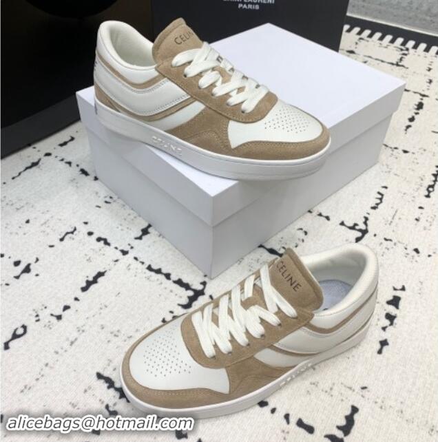 Popular Style Celine Trainer Low Lace-up Sneakers in Calfskin and Suede Light Brown 1011127