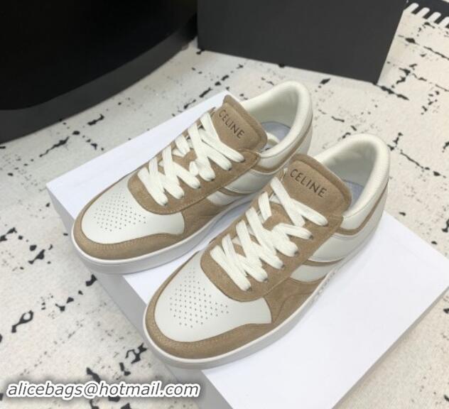 Popular Style Celine Trainer Low Lace-up Sneakers in Calfskin and Suede Light Brown 1011127