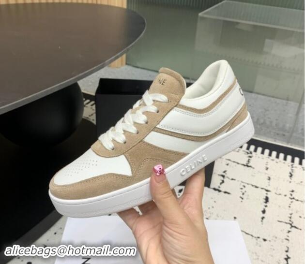 Popular Style Celine Trainer Low Lace-up Sneakers in Calfskin and Suede Light Brown 1011127