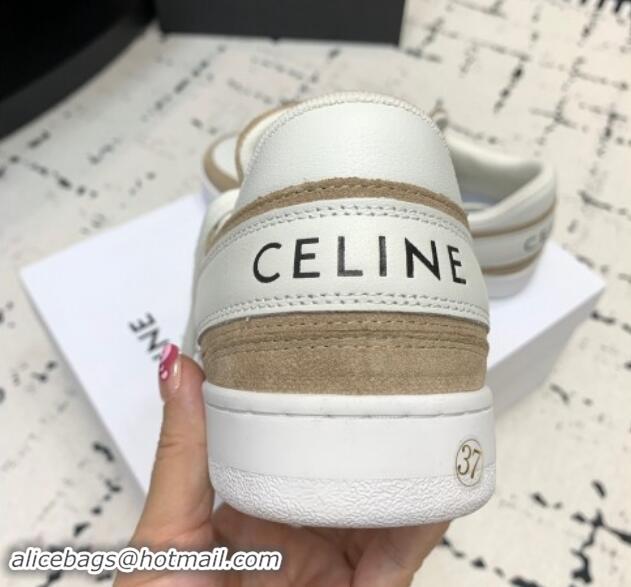 Popular Style Celine Trainer Low Lace-up Sneakers in Calfskin and Suede Light Brown 1011127