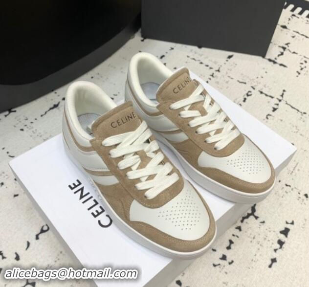 Popular Style Celine Trainer Low Lace-up Sneakers in Calfskin and Suede Light Brown 1011127