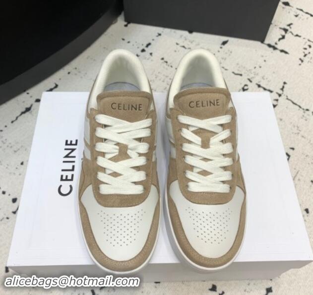 Popular Style Celine Trainer Low Lace-up Sneakers in Calfskin and Suede Light Brown 1011127