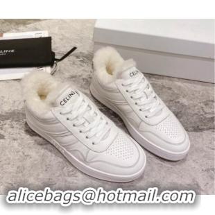 Stylish Celine Trainer Low Lace-up Sneakers in Calfskin and Wool White Leather 012004