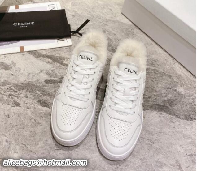 Stylish Celine Trainer Low Lace-up Sneakers in Calfskin and Wool White Leather 012004