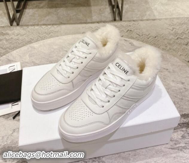 Stylish Celine Trainer Low Lace-up Sneakers in Calfskin and Wool White Leather 012004