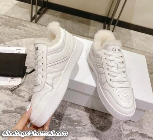 Stylish Celine Trainer Low Lace-up Sneakers in Calfskin and Wool White Leather 012004